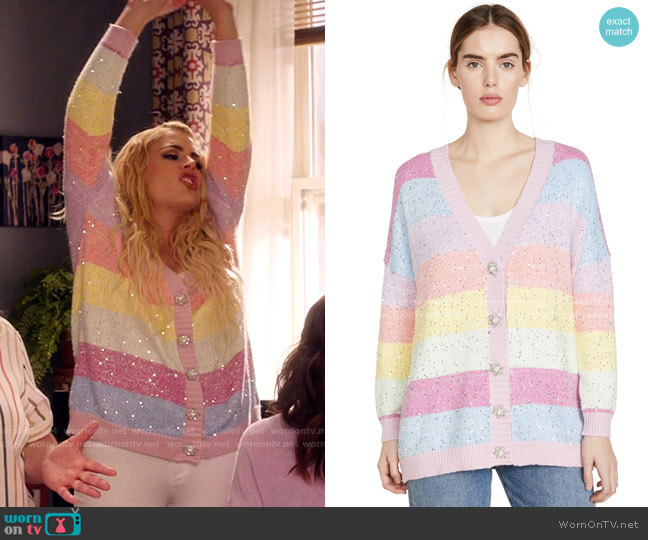 Olivia Rubin Mika Cardigan in Pastel Stripe worn by Summer Dutkowsky (Busy Philipps) on Girls5eva