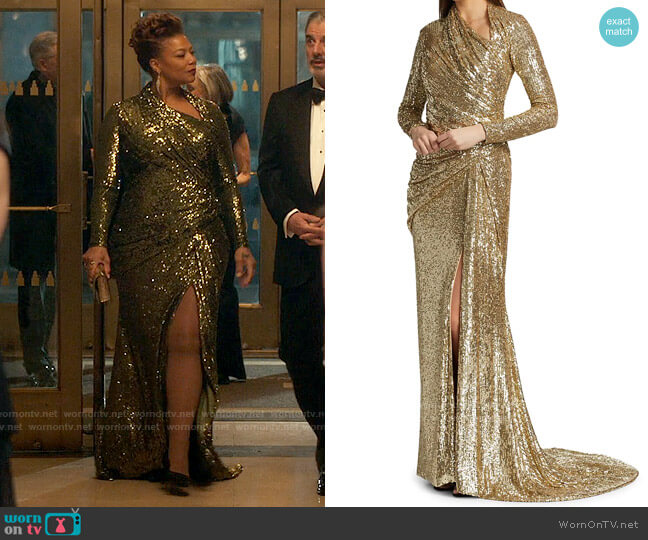 Pamella Roland Asymmetrical Draped Sequin Gown worn by Robyn McCall (Queen Latifah) on The Equalizer