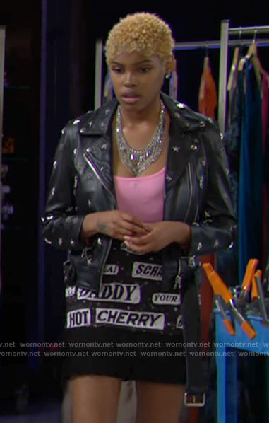 Paris’s star studded leather jacket and words skirt on The Bold and the Beautiful