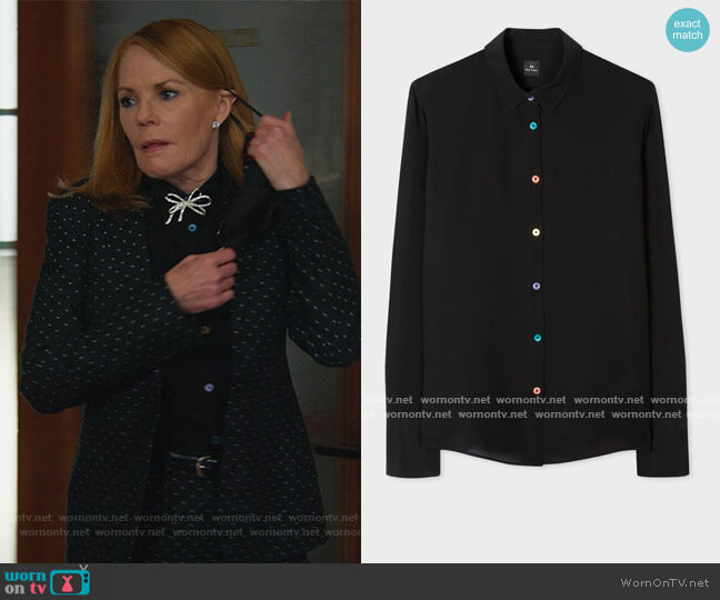 Paul Smith Black Silk Shirt With Multi-Colour Buttons worn by Lisa Benner (Marg Helgenberger) on All Rise