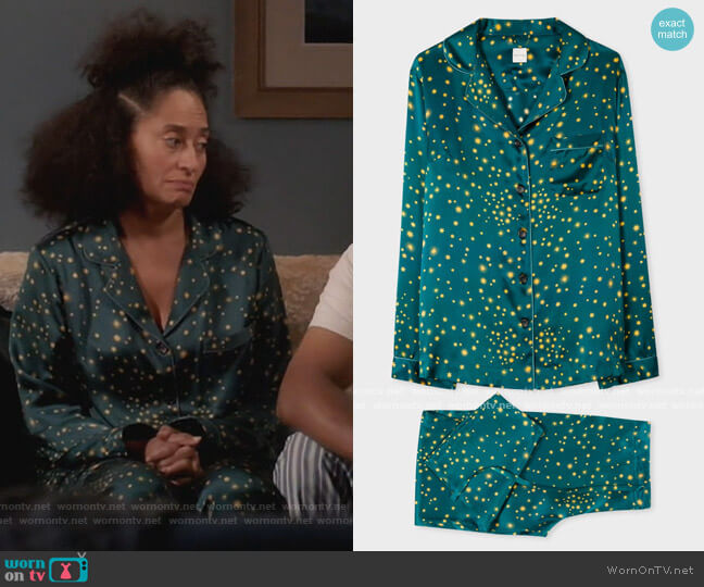 Paul Smith Teal Stars Print Silk Pyjama Set worn by Rainbow Johnson (Tracee Ellis Ross) on Black-ish