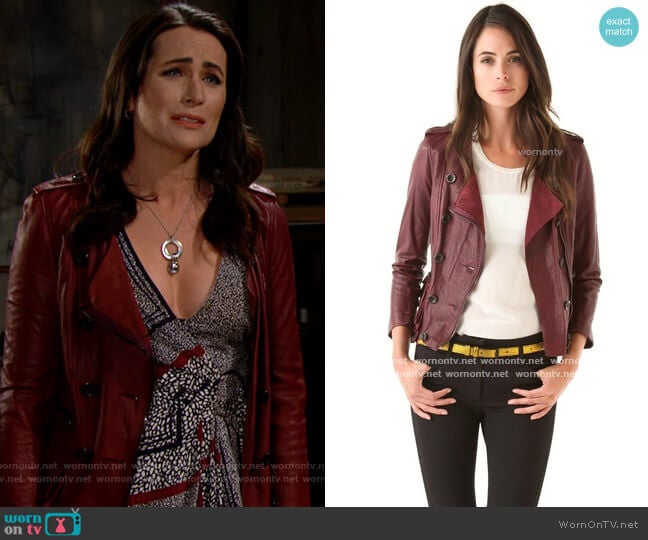 3.1 Phillip Lim Ruffle Leather Jacket in Berry worn by Quinn Fuller (Rena Sofer) on The Bold and the Beautiful