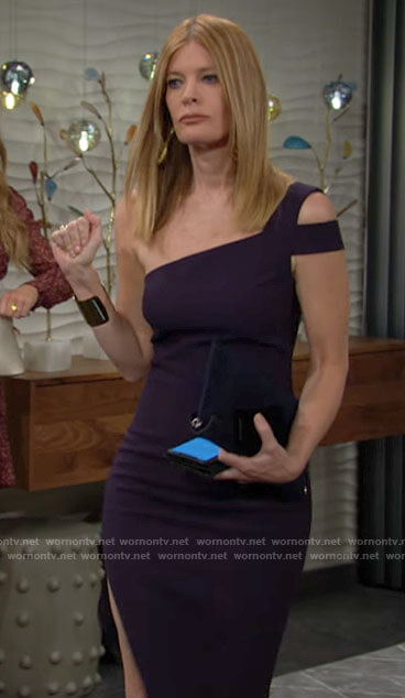 Phyllis’s navy one-shoulder dress on The Young and the Restless