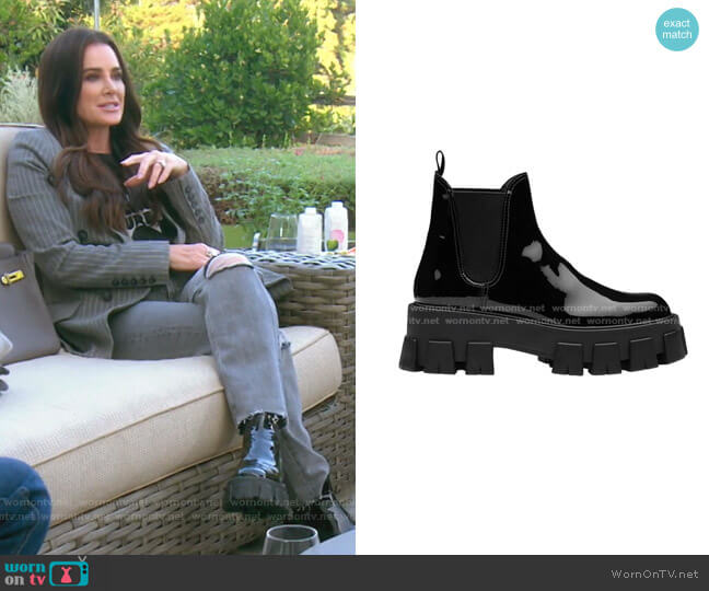 Prada Monolith Patent Leather Booties worn by Kyle Richards on The Real Housewives of Beverly Hills