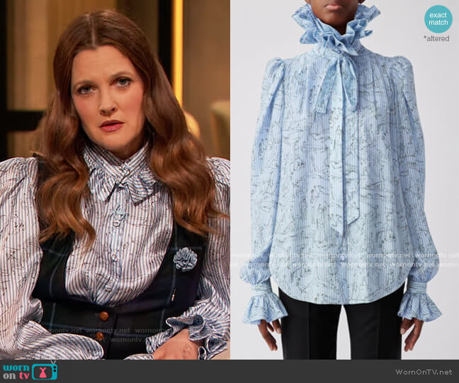 Prune Gold Schmidt Silk Medici Blouse worn by Drew Barrymore on The Drew Barrymore Show