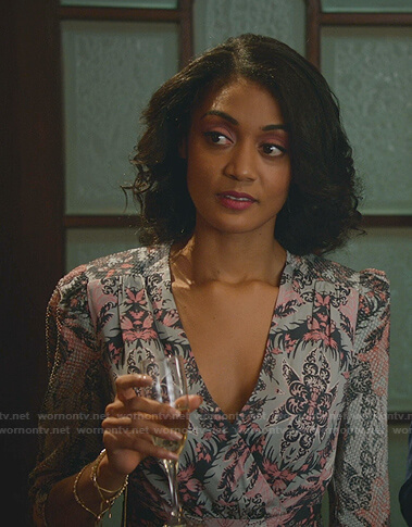 Quinn’s printed surplice dress on Good Witch