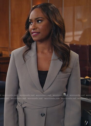 Rachel’s gray wrap tie waist blazer on All Rise