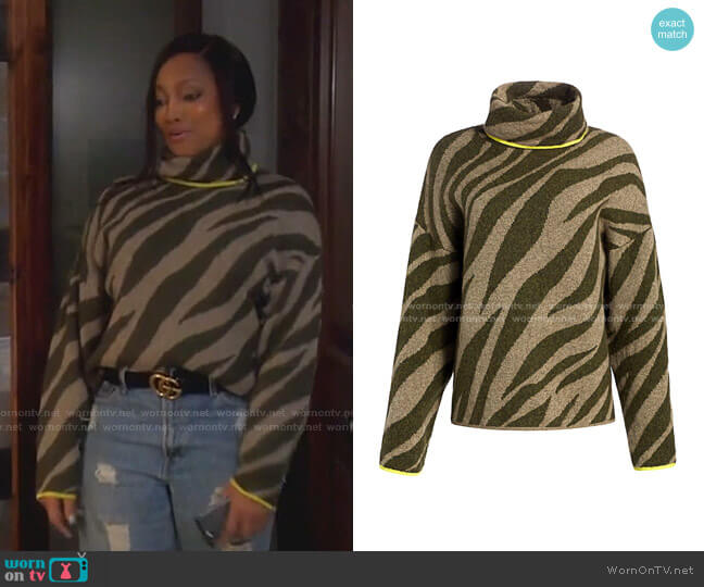 Rag & Bone Kiki Zebra-Print Funnel-Neck Sweater worn by Garcelle Beauvais on The Real Housewives of Beverly Hills