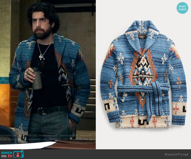 RRL Ralph Lauren Hand Knit Indigo Ranch Cardigan worn by Harry Keshegian (Adam Goldberg) on The Equalizer