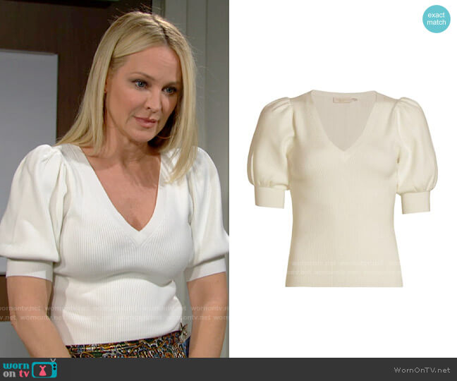 Ramy Brook Rory Cashmere T-Shirt in Cream worn by Sharon Newman (Sharon Case) on The Young and the Restless