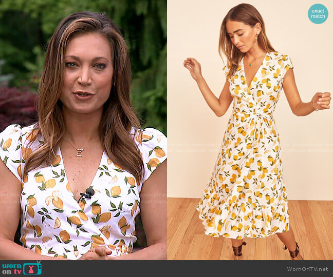 Reformation Apricot Wrap Dress in Lemon print worn by Ginger Zee on Good Morning America