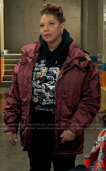 Robyn’s burgundy satin jacket on The Equalizer