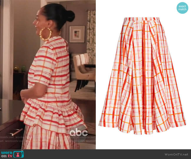 Rosie Assoulin Pleated Plaid Cotton-Blend Midi Skirt worn by Rainbow Johnson (Tracee Ellis Ross) on Black-ish