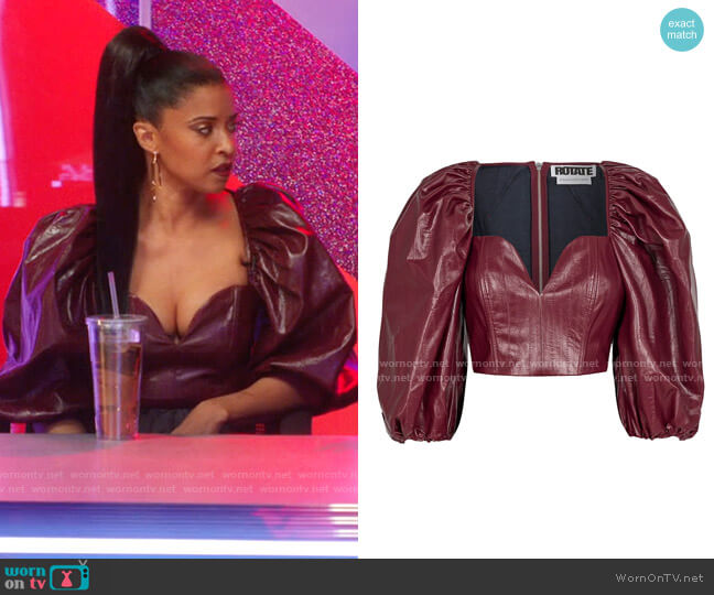 Rotate Birger Christensen Irina Faux Leather Puff-Sleeve Top worn by Wickie Roy (Renée Elise Goldsberry) on Girls5eva