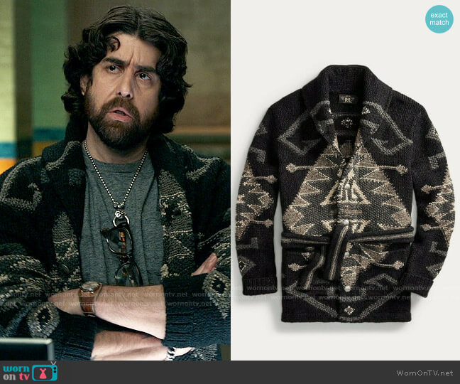 RRL Ralph Lauren Hand Knit Black Ranch Cardigan worn by Harry Keshegian (Adam Goldberg) on The Equalizer