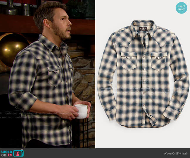 Ralph Lauren RRL Slim Fit Plaid Brushed Western Shirt worn by Liam Spencer (Scott Clifton) on The Bold and the Beautiful