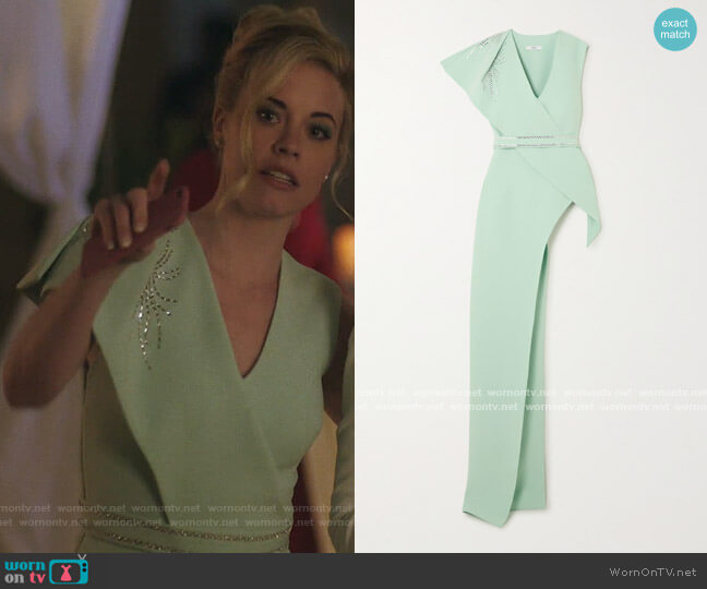 Safiyaa Asymmetric Draped Crystal Embellished Blouse worn by Kelly Anne Van Awken (Molly Burnett) on Queen of the South