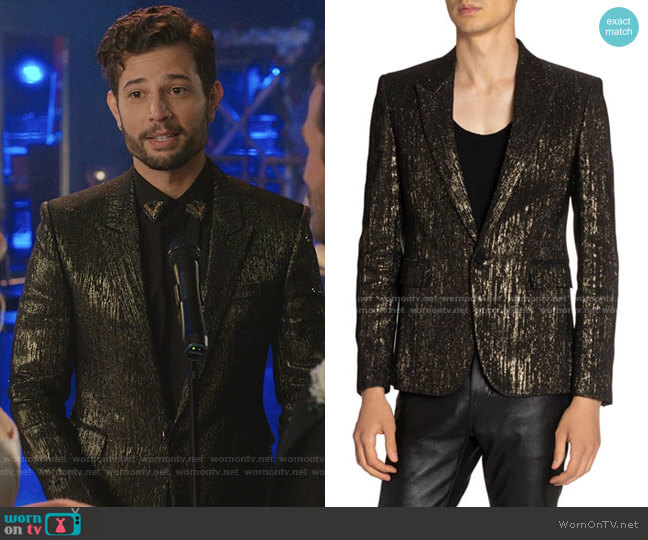 Saint Laurent Metallic-Stripe Evening Blazer worn by Sam Flores (Rafael de la Fuente) on Dynasty