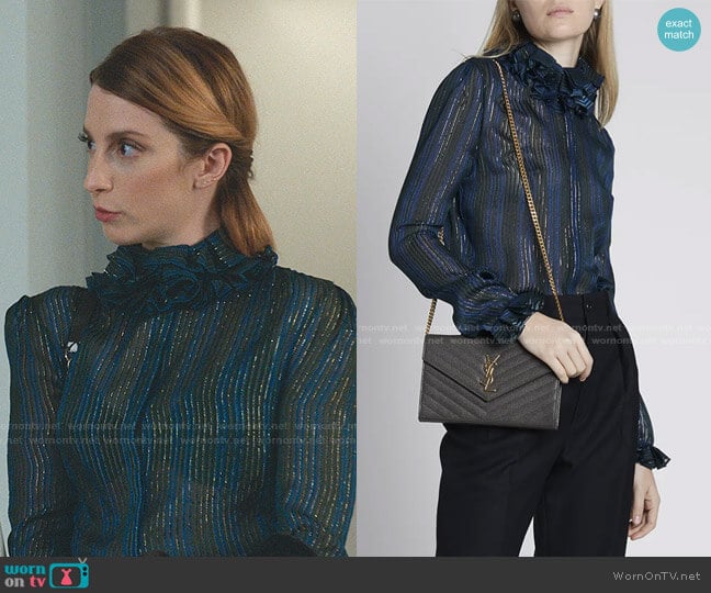 Saint Laurent Metallic Striped Ruffle-Neck Silk Shirt worn by Lauren (Molly Bernard) on Younger