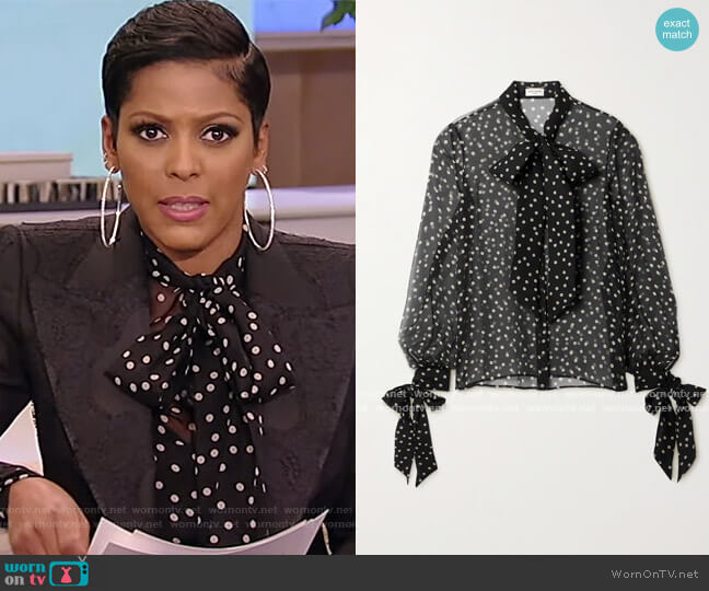 Saint Laurent Tie-detailed polka-dot silk-chiffon shirt worn by Tamron Hall on Tamron Hall Show