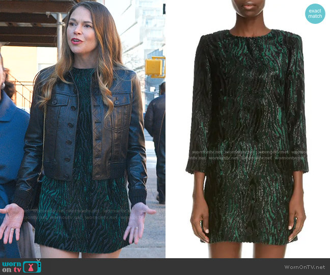 Saint Laurent Tinsel Tiger Stripe Minidress worn by Liza Miller (Sutton Foster) on Younger