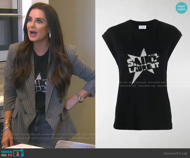 Saint Laurent Logo Star Print T-shirt worn by Kyle Richards on The Real Housewives of Beverly Hills
