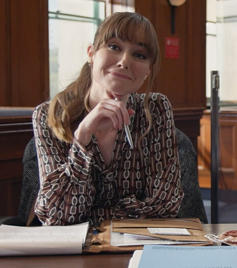 Sam’s brown chain print tie neck dress on All Rise