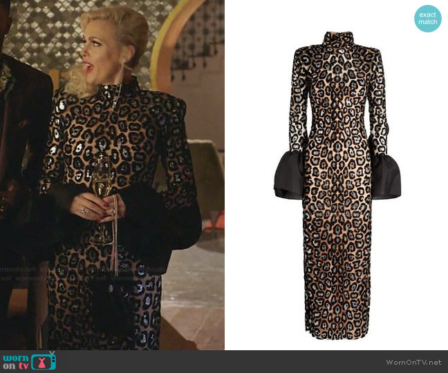 Sandra Mansour Ruffled Leopard Midi Dress worn by Alexis Carrington (Elaine Hendrix) on Dynasty