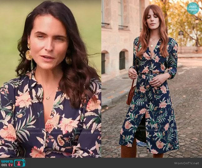 Sezane Lexie Dress in Printed Maxi Navy Flowers worn by Lilia Luciano on CBS Mornings