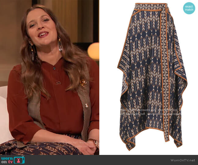 Stella McCartney Norah patterned asymmetric wrap skirt worn by Drew Barrymore on The Drew Barrymore Show