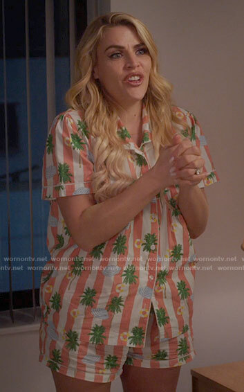 Summer’s striped palm print pajamas on Girls5eva