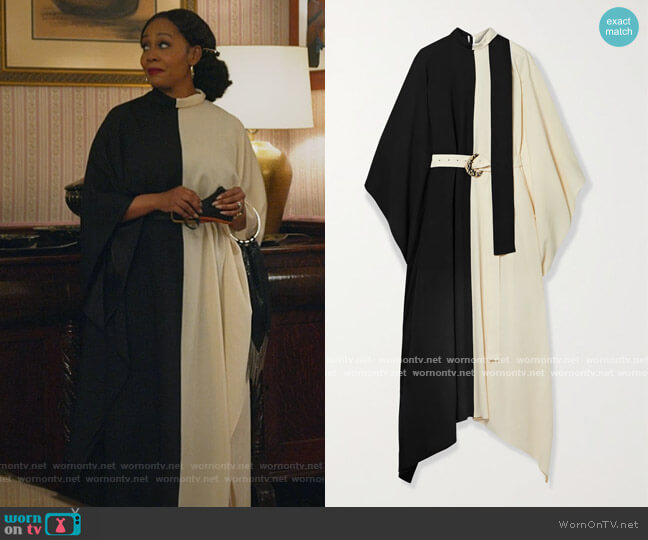 Taller Marmo El Sol belted two-tone crepe kaftan worn by Lola Carmichael (Simone Missick) on All Rise