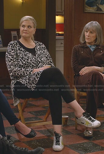 Tammy’s leopard cardigan and star sneakers on Mom
