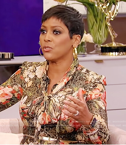 Tamron’s floral tie neck dress on Tamron Hall Show