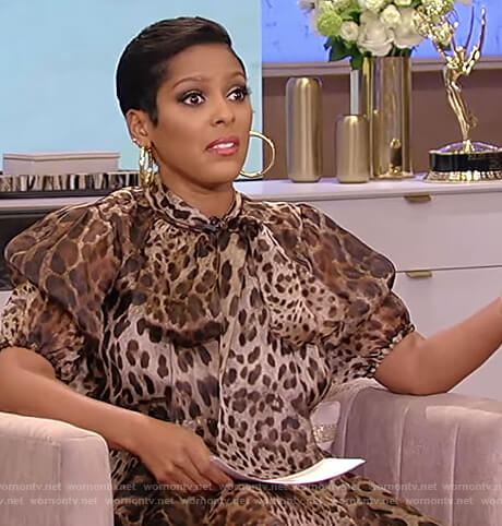 Tamron’s leopard print tie neck dress on Tamron Hall Show