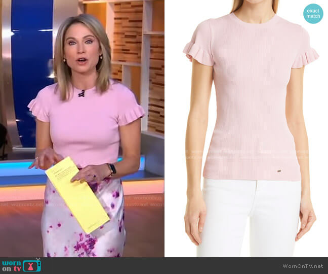 Ted Baker Ribbed Frill Sleeve Sweater worn by Amy Robach on Good Morning America