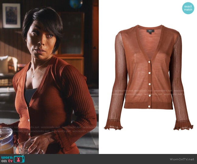 Theory Beri Sheer Sleeve Cardigan worn by Athena Grant (Angela Bassett) on 9-1-1