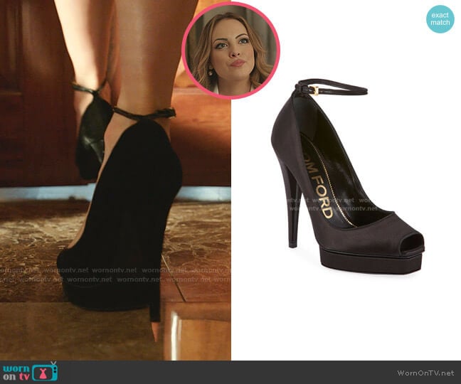 Tom Ford Peep-Toe Platform Ankle-Wrap Pumps worn by Fallon Carrington (Elizabeth Gillies) on Dynasty