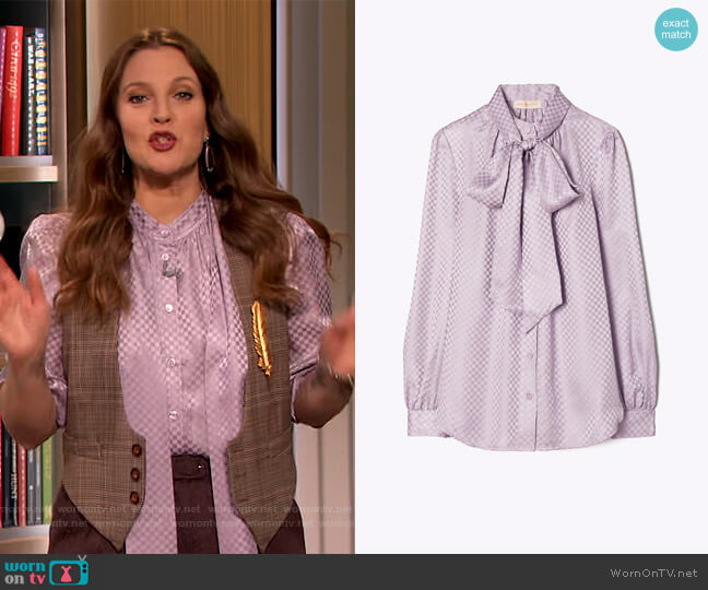 Tory Burch Textured Bow Blouse worn by Drew Barrymore on The Drew Barrymore Show