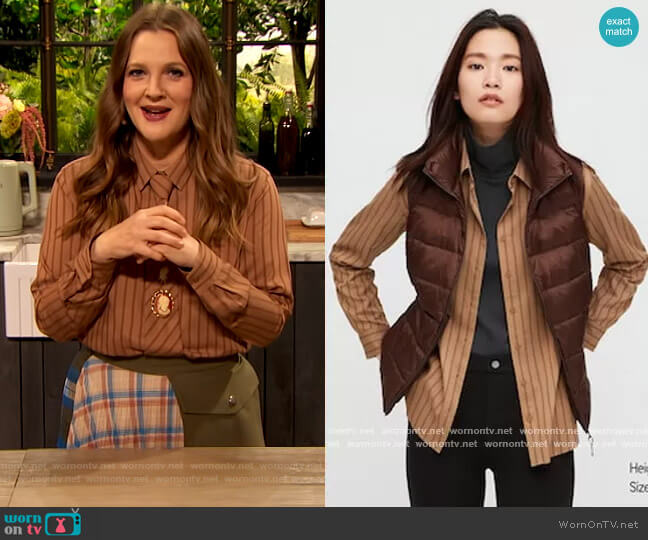 Uni Qlo Rayon Striped Long Sleeve Blouse worn by Drew Barrymore on The Drew Barrymore Show