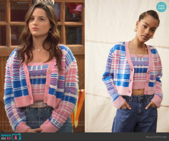 Urban Outfitters Baby Pink and Blue Plaid Cardigan worn by Lex (Jules LeBlanc) on Side Hustle