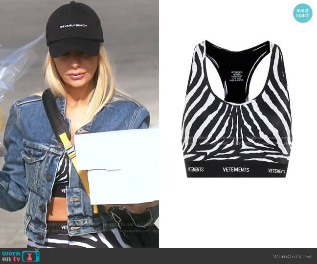 Vetements Logo Zebra-Print Sports Bra worn by Dorit Kemsley on The Real Housewives of Beverly Hills