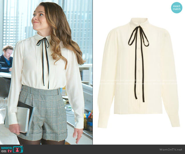 Victoria Beckham Tie-Neck Pleated Silk Top worn by Liza Miller (Sutton Foster) on Younger