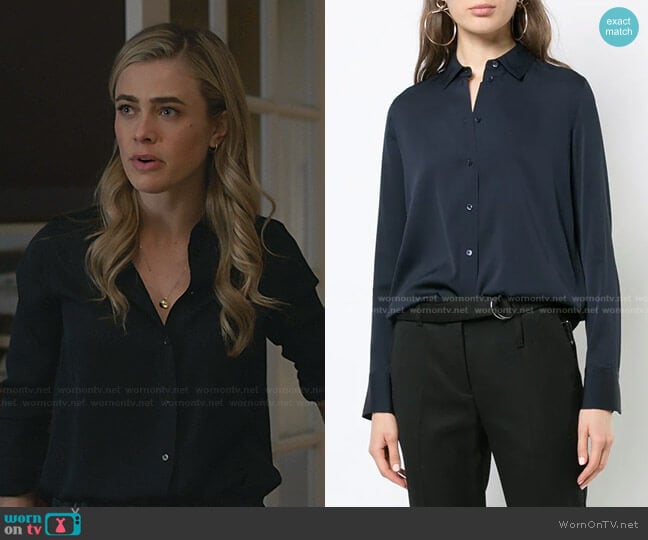 Vince Slim Fitted Stretch-Silk Blouse in Coastal Blue worn by Michaela Stone (Melissa Roxburgh) on Manifest