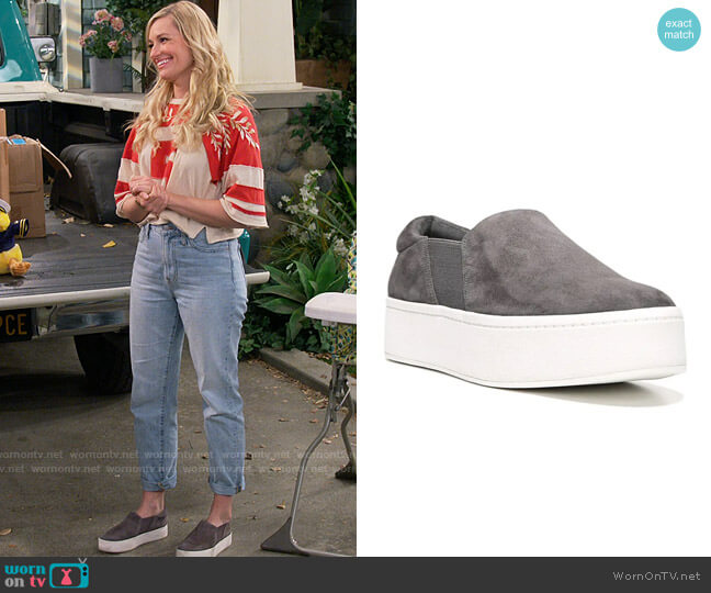 Vince Warren Slip On Platform Sneaker in Steel Suede worn by Gemma (Beth Behrs) on The Neighborhood