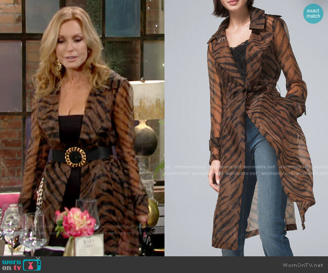 White House Black Market Organza Tiger Print Trench Coat worn by Lauren Fenmore (Tracey Bregman) on The Young and the Restless