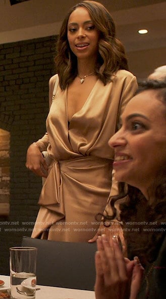 Whitney’s champagne draped dress on Run the World