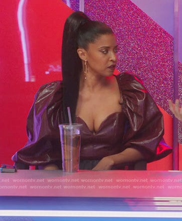 Wickie’s burgundy leather puff sleeve top on Girls5eva