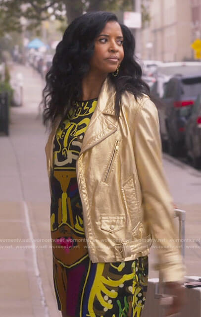 Wickie’s gold leather moto jacket on Girls5eva
