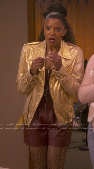 Wickie’s gold leather moto jacket on Girls5eva